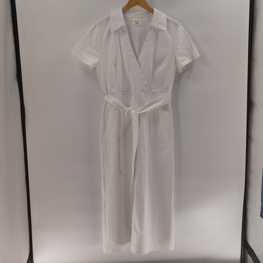 Maeve Utility Jumper Dress White Medium Faux Wrap Front Pockets Detachable Tie